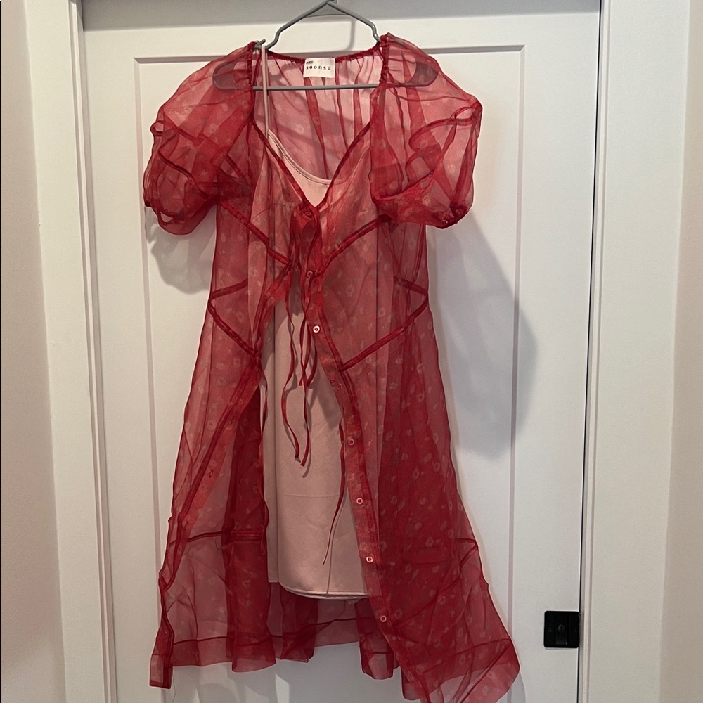 Slip dress with sheer floral overlay
